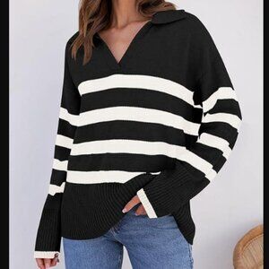 Women's Lapel VNeck Long Sleeve Striped Chunky Knit Oversized Sweater Small NWT